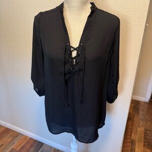 American Dream Black 3/4 Sleeve Tie Front Blouse - Size Small